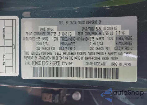 2025 Mazda Cx-90 3.3 Turbo Premium Sport z USA, uszkodzony, nr VIN JM3KKCHDXS1215255